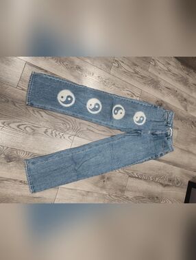 PacSun Light Blue Straight Leg Jeans with White Yin Yang Motif